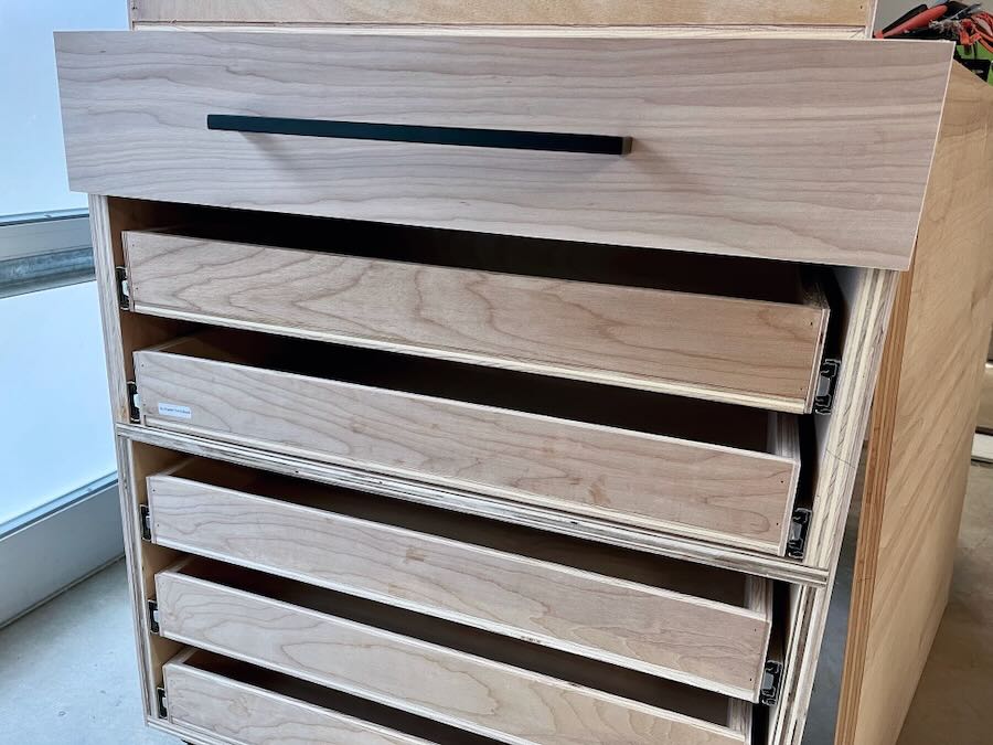 3D printing cabinet progress (first drawer front installed)